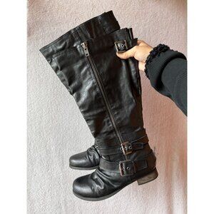 Carlos Santana Knee High Black Leather Buckle Moto Boots Size 8.5 M-WC